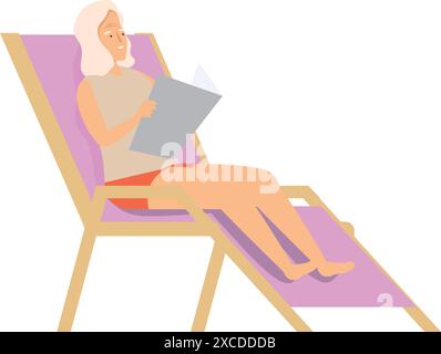 Senior woman is enjoying her retirement, relaxing on a beach chair and reading a book Stock Vector