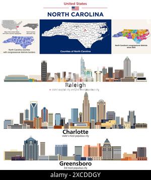 North Carolina counties map and congressional districts since 2023 map. Raleigh, Charlotte and Greensboro skylines. Vector set Stock Vector