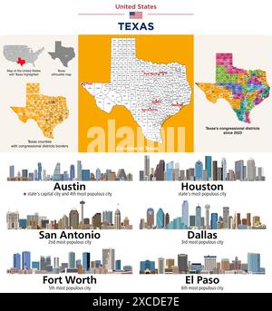 Texas counties map and congressional districts since 2023 map. Austin, Houston, San Antonio, Dallas, Fort Worth and El Paso cities skylines. Vector se Stock Vector