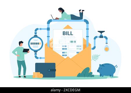 Payment of water bill from letter. Tiny people receive utility invoice in paper envelope, monitor water consumption in household system and pipeline to pay and save money cartoon vector illustration Stock Vector