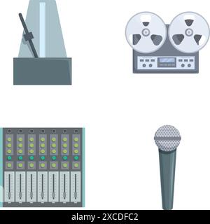 Collection of detailed music recording equipment icons including a metronome, reeltoreel tape recorder, mixing console, and microphone Stock Vector