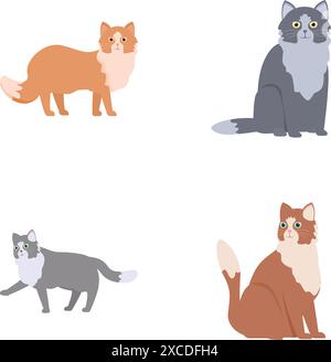 Set of four cartoon cats in various poses and colors isolated on a light background Stock Vector