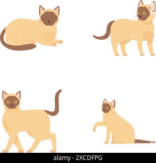 Siamese cat illustration set with various poses and cartoon characters in vector format, perfect for animal lovers and pet care themes Stock Vector