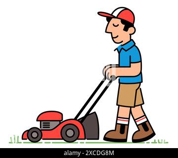 Cartoon man mowing lawn with a lawn mower, simple line drawing. Vector clip art illustration. Stock Vector