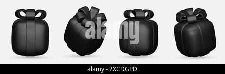 3d gift boxes set with black ribbon bow isolated on a white background. 3d render flying modern holiday closed surprise box. Realistic vector icon for Stock Vector