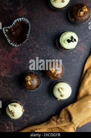 mini chocolate cupcakes, chocolate frosting, vanilla frosting, selection, cupcakes, dessert, sweet treats, bakery, chocolate lovers, vanilla lovers, m Stock Photo
