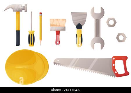 A set of building tools: helmet, hammer, nut, brush, saw, screwdriver. On white insulated Stock Vector