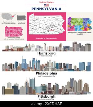 Pennsylvania counties map and congressional districts since 2023 map. Philadelphia, Harrisburg and Pittsburgh skylines. Vector set Stock Vector