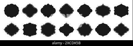 Traditional islamic window shapes set. Black silhouette eid mubarak decorative arches, arabic mosque borders or moroccan oriental decor isolated on white background. Muslim architecture Ramadan frames Stock Vector