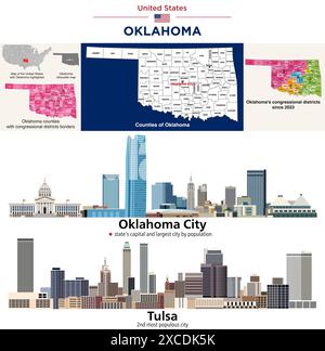 Oklahoma counties map and congressional districts since 2023 map. Oklahoma City (state's capital and most populous city) and Tulsa (state's 2nd most p Stock Vector