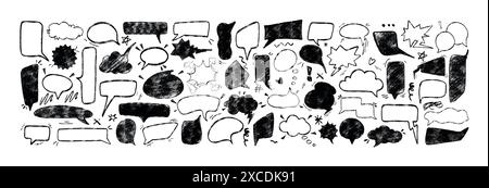 Hand drawn speech bubbles different shapes. Black chalk frames for chat and comments. Crayon dialog balloon, doodle drawing thinking box. Sketch comic message clouds, explosion pencil smear text boxes Stock Vector