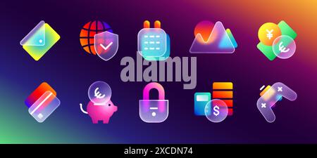 Transparent matte glass morphism ui icons with purple neon gradient. Realistic frosted buttons with glassmorphism blur effect. Vector set of piggy bank, envelope, calendar, gamepad, lock for website. Stock Vector