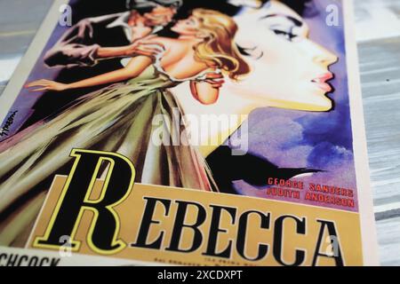 Viersen, Germany - May 9. 2024: Cinema film poster detail from Alfred Hitchcock movie Rebecca from 1940 Stock Photo