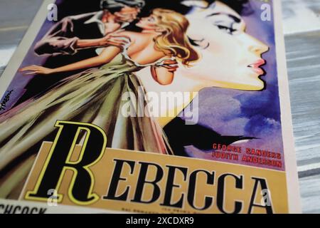 Viersen, Germany - May 9. 2024: Cinema film poster detail from Alfred Hitchcock movie Rebecca from 1940 Stock Photo