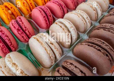 French macaroons in rows in packaging from a shop Stock Photo