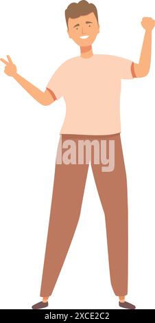 Young man celebrating success with arms raised and peace sign Stock Vector