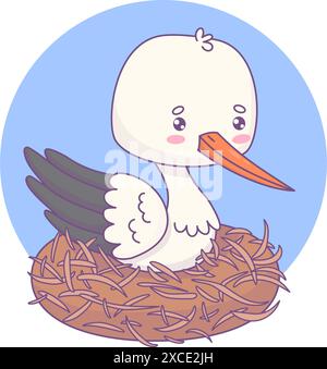 Cute white stork in nest. Funny cartoon kawaii bird character. Vector illustration. Kids collection Stock Vector
