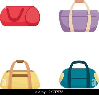 Collection of four stylized duffle bags in various colors, ideal for travelrelated designs Stock Vector
