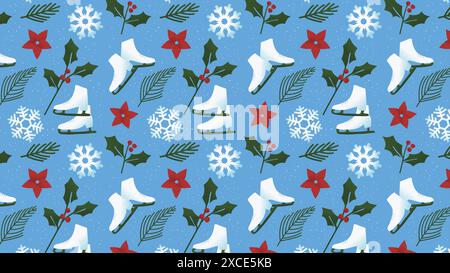 Winter seamless pattern. Surface pattern design. Ice skates, mistletoe, snowflake, snow Stock Vector