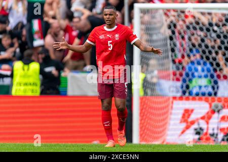 COLOGNE, GERMANY - JUNE 15: Manuel Akanji of Switzerland reacts during the Group A - UEFA EURO 2024 match between Hungary and Switzerland at Cologne Stadium on June 15, 2024 in Cologne, Germany. (Photo by Joris Verwijst/BSR Agency) Stock Photo