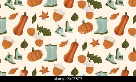 Autumn seamless pattern. Surface pattern design.Rain boots, pumpkin, acorn Stock Vector