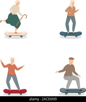 Collection of vector illustrations of active senior citizens enjoying skateboarding as a recreational activity for healthy and happy lifestyle in their golden years Stock Vector