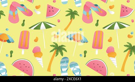 Summer seamless pattern. Surface pattern design. Umbrella, flip flops, watermelon, ice cream, palm tree Stock Vector