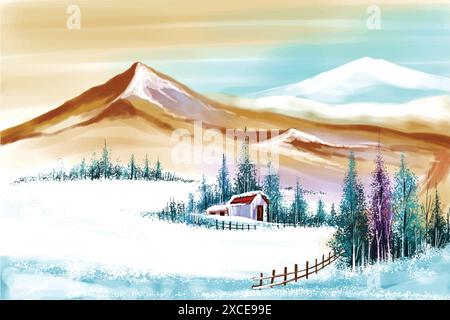 New year and christmas tree winter landscape in mountains background Stock Vector