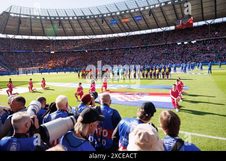 Berlin, Germany. 15th June, 2024. Spain and Croatia teams seen lining up during the UEFA Euro 2024 game at Olympiastadion. Final scores Spain 3:0 Croatia. (Photo by Maciej Rogowski/SOPA Images/Sipa USA) Credit: Sipa USA/Alamy Live News Stock Photo