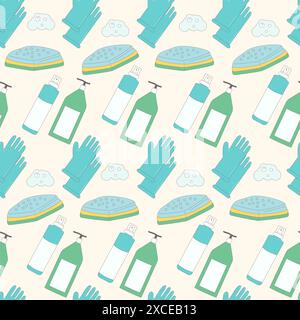 Cleaning supplies seamless pattern. Tools for wash repeat background. Cleanup service. Vector line art illustration. Stock Vector