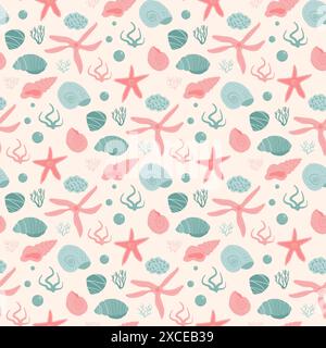 Shells and starfish seamless pattern. Barnacles and seaweed endless background. Seashell and stones repeat backdrop. Ocean sand floor. Vector hand dra Stock Vector