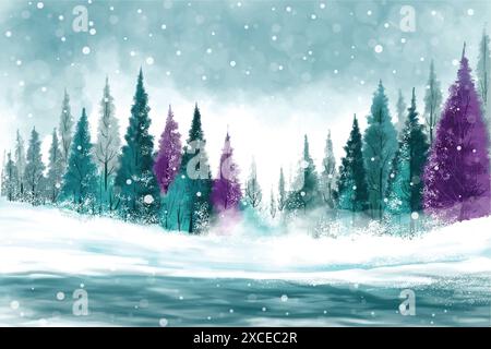 Winter landscape with snowy christmas tree card background Stock Vector