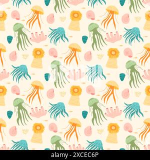Aquatic Invertebrates seamless pattern. Jellyfishes, sea anemone and others endless background. Vector hand drawn flat illustration. Stock Vector