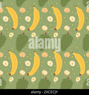 Tropical fruits seamless background. Banana, guanabana and longan repeat pattern. Vector hand drawn flat illustration. Stock Vector