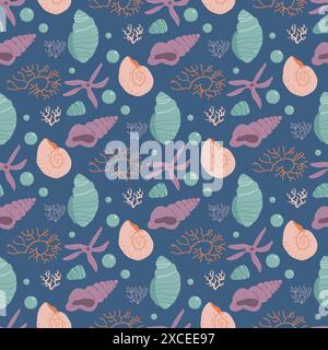 Seashells seamless pattern. Barnacles and starfish endless background. Underwater life repeat background. Vector hand drawn illustration. Stock Vector