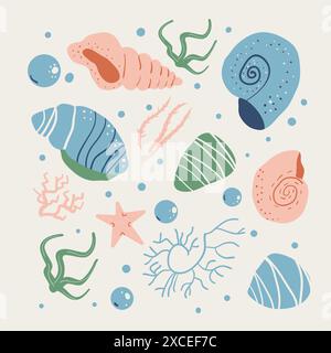 Gentle, pastel-colored depiction of seashells, a starfish, seaweed, coral, and bubbles, offering a whimsical look at underwater life. Set of Vector ha Stock Vector