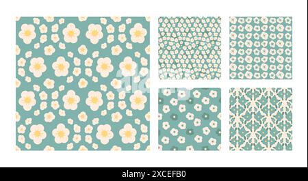 Simple flowers seamless patterns set. Floral endless backgrounds collection. Flower ornament tile. Naive botanic repeat cover. Vector flat hand drawn Stock Vector