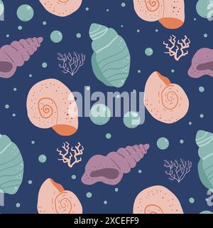 Playful marine life-inspired seamless pattern with stylized seashells and coral on a dark blue backdrop. Vector hand drawn illustration. Stock Vector