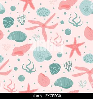Barnacles and starfish seamless pattern. Shells and seaweed endless background. Seashell and stones repeat pastel backdrop. Vector hand drawn flat ill Stock Vector