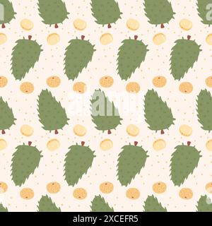 Tropical fruits seamless background. Guanabana and longan repeat pattern. Vector hand drawn flat illustration. Stock Vector