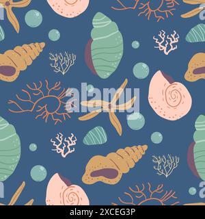 Shells , starfish and algae seamless pattern. Barnacles and underwater life endless background. Vector hand drawn illustration. Stock Vector