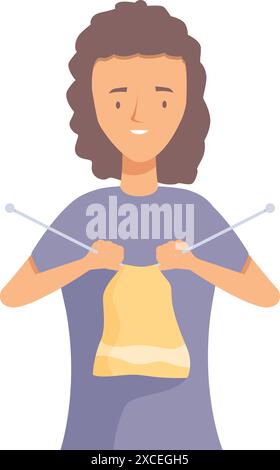 Young woman is holding knitting needles and concentrating on making a yellow garment Stock Vector