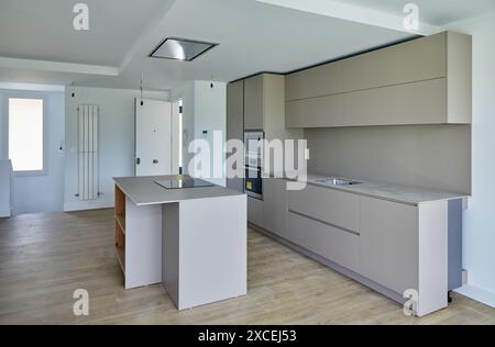 Kitchen, Interior of housing under construction, Residential building, Zarautz, Gipuzkoa, Basque Country, Spain, Europe. Stock Photo