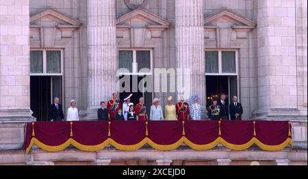 King Charles III Queen Camila and the Royal Family on Balcony Buckingham Palace Westminster London following Trooping The Colour Color 2024 Stock Photo