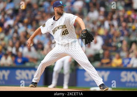 Milwaukee Brewers starting pitcher Colin Rea (48) throws a pitch during the MLB regular season game between the Cincinnati Reds and Milwaukee Brewers at American Family Field in Milwaukee, Wisconsin on June 16, 2024. The Brewers defeated the Reds 5-4. (Max Siker / Image of Sport) Stock Photo