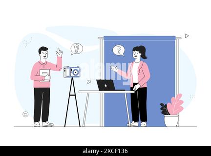 Content creation concept. Man and woman make video for video hosting and social networks. Creative people, bloggers with camera. Linear flat vector Stock Vector