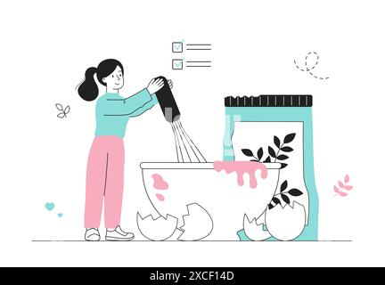 Dough kneading concept. Woman prepares dough. Pastry chef with egg and flour. Cooking homemade pastry and bakery eating. Linear flat vector Stock Vector