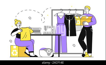 Clothing recycling concept. Man and woman with clothes made from environmentally friendly materials. Caring for nature and ecology, reducing emission Stock Vector