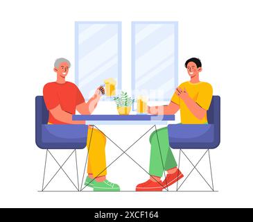 Friends drink beer. Two men sit at table with alcoholic beverages in glass mugs. Pub, cafe or restaurant. Cold alcohol with foam. Cartoon flat vector Stock Vector