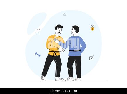 Karate training concept. Men practice martial arts. Athletes preparing for competitions and tournaments. Active lifestyle and sports. Linear flat Stock Vector